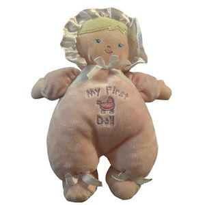 PRESTIGE BABY Plush 9” Pink MY FIRST DOLL Blonde Rattles Satin Feet Lovey HTF